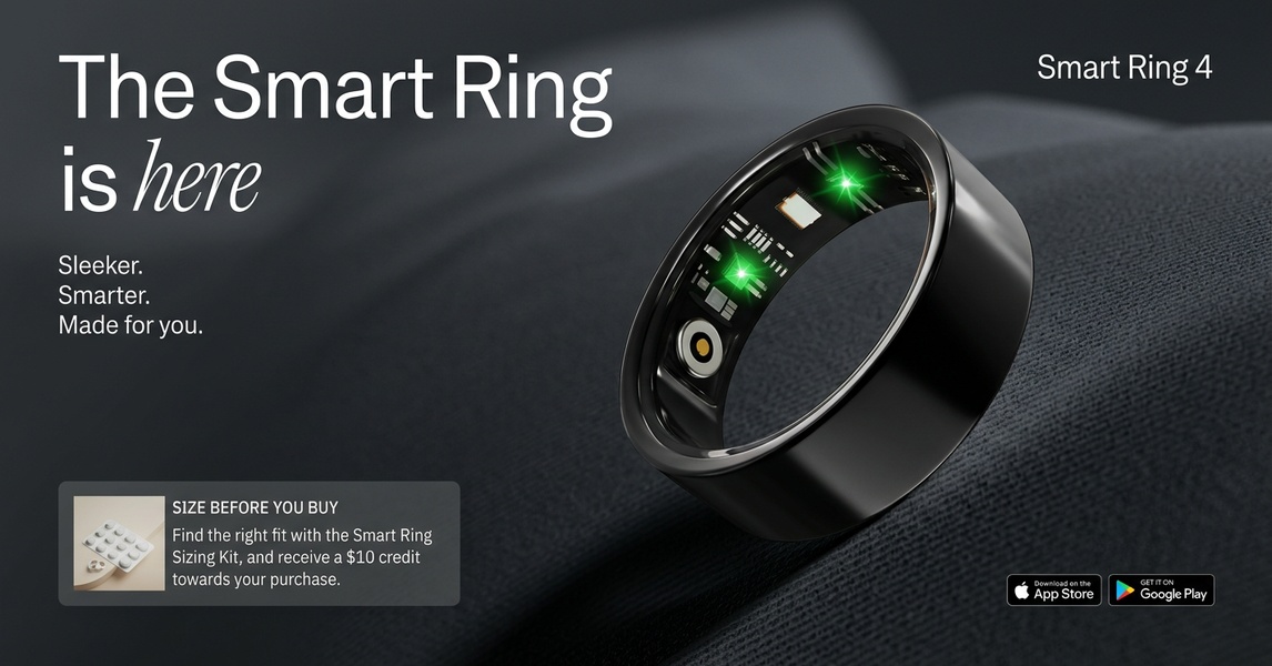 A high-end product showcase for a Smart Ring, utilizing dark, moody lighting to highlight internal sensors while offering a clear sizing incentive.